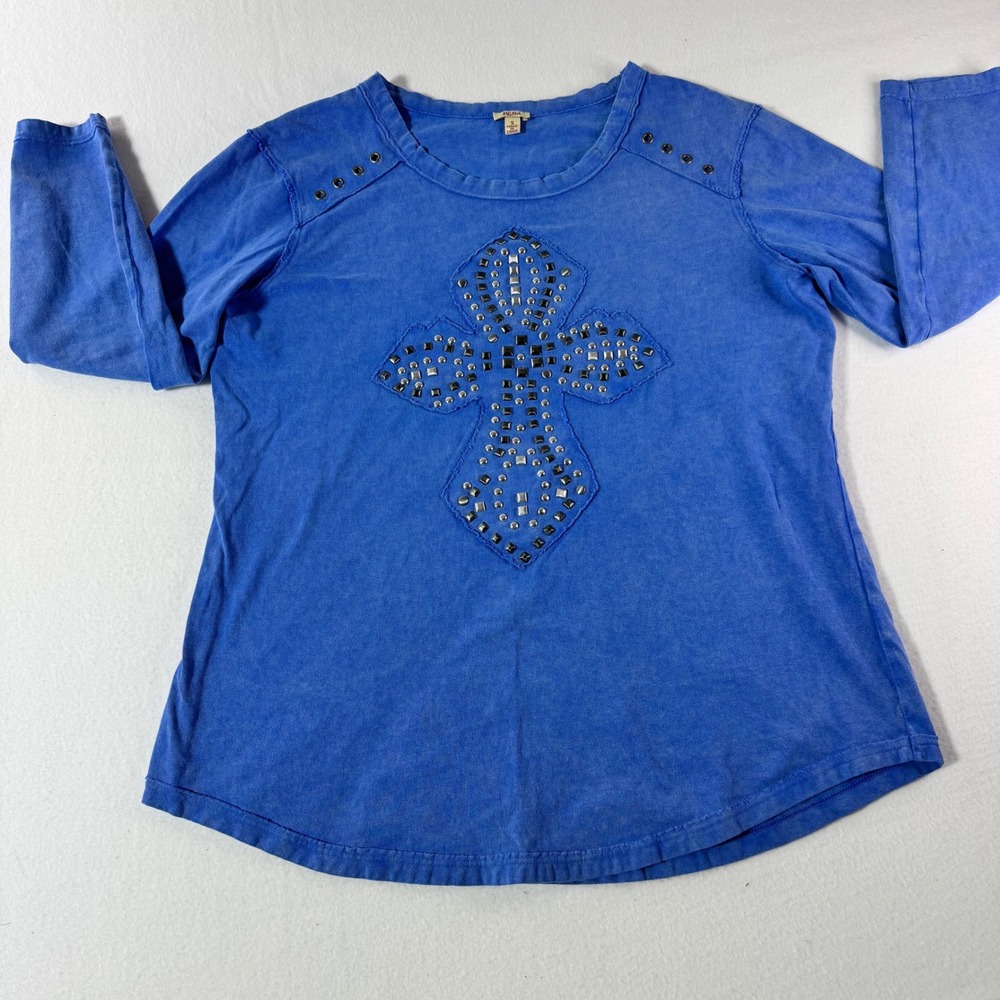 Reba Studded Cross Blue Long Sleeve Top Small Western Embellished Crewneck Shirt